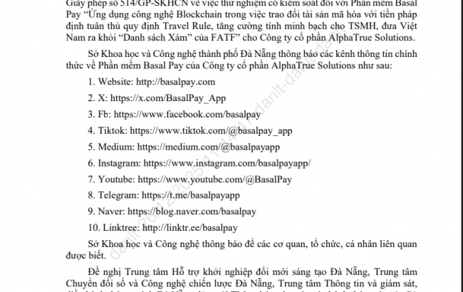 Các kênh thông tin chính thức về phần mềm Basal Pay của Công ty cổ phần AlphaTrue Solutions