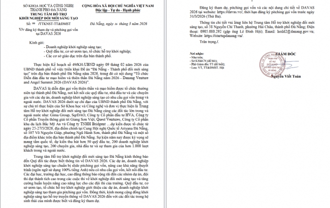 Thông báo về việc đăng ký tham dự và pitching gọi vốn tại DAVAS 2026