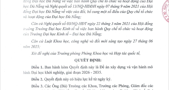 Trường đại học Kinh tế - Đại học Đà Nẵng ban hành Đề án xây dựng và vận hành mô hình đại học khởi nghiệp, giai đoạn 2026–2035