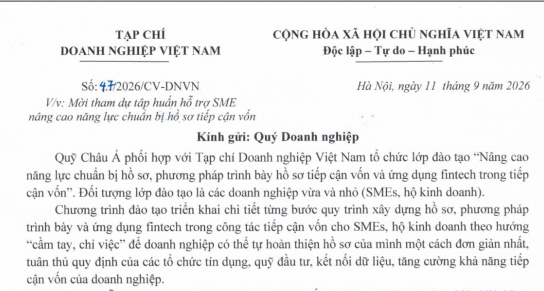 Mời tham dự tập huấn hỗ trợ SME nâng cao năng lực chuẩn bị hồ sơ tiếp cận vốn