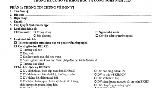 Thông báo thực hiện Báo cáo thống kê tổng hợp và thu thập thông tin thống kê cơ sở về khoa học và công nghệ năm 2025