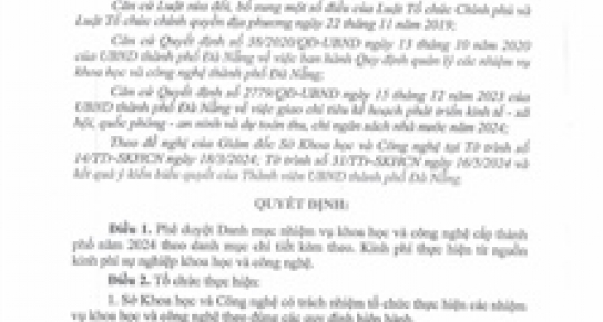 Quyết định về việc phê duyệt danh mục nhiệm vụ khoa học và công nghệ cấp thành phố năm 2024