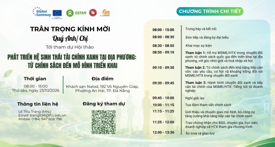 SẮP DIỄN RA HỘI THẢO “PHÁT TRIỂN HỆ SINH THÁI TÀI CHÍNH XANH TẠI ĐỊA PHƯƠNG: TỪ CHÍNH SÁCH ĐẾN MÔ HÌNH TRIỂN KHAI”