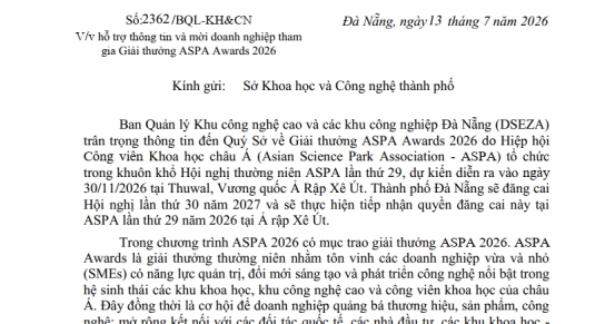 Thông báo mời doanh nghiệp đăng ký tham gia Giải thưởng ASPA Awards 2026