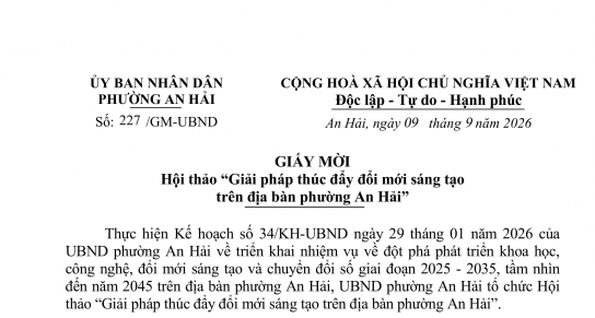 Thông báo tham gia Hội thảo “Giải pháp thúc đẩy đổi mới sáng tạo trên địa bàn phường An Hải”