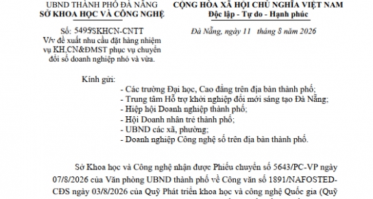 Thông báo về đề xuất nhu cầu đặt hàng nhiệm vụ KH,CN&ĐMST phục vụ chuyển đổi số doanh nghiệp nhỏ và vừa