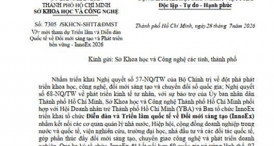 Thông báo về việc mời tham dự Triển lãm và Diễn đàn Quốc tế về Đổi mới sáng tạo và Phát triển bền vững - InnoEx 2026