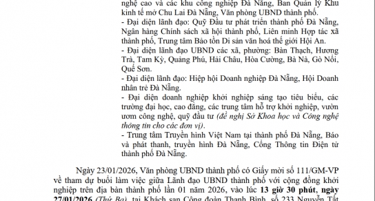Thông báo V/v hoãn buổi làm việc giữa lãnh đạo UBND thành phố với cộng đồng khởi nghiệp theo giấy mời số 111/GM-VP ngày 23/01/2026