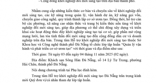 THƯ MỜI THAM DỰ LỚP TẬP HUẤN “QUẢN LÝ VẬN HÀNH VÀ PHÁT TRIỂN CƠ SỞ ƯƠM TẠO”