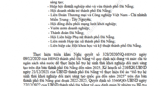 V/v đề xuất nhiệm vụ hỗ trợ hệ sinh thái khởi nghiệp đổi mới sáng tạo trên địa bàn thành phố Đà Nẵng năm 2025