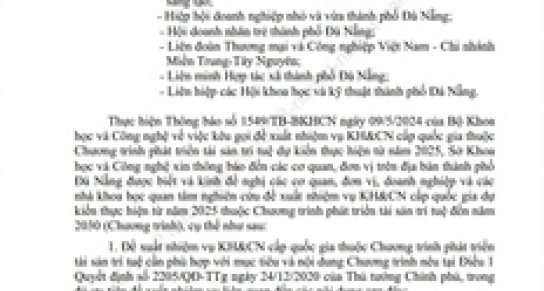 V/v đề xuất nhiệm vụ KH&CN cấp quốc gia thuộc Chương trình phát triển tài sản trí tuệ dự kiến thực hiện từ năm 2025