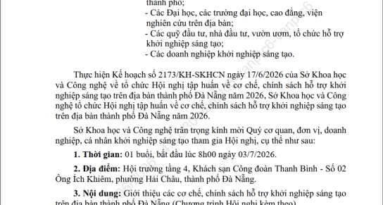 V/v mời tham gia Hội nghị tập huấn cơ chế, chính sách hỗ trợ khởi nghiệp sáng tạo