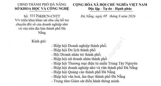 V/v triển khai khảo sát nhu cầu hỗ trợ chuyển đổi số của doanh nghiệp nhỏ và vừa trên địa bàn thành phố Đà Nẵng